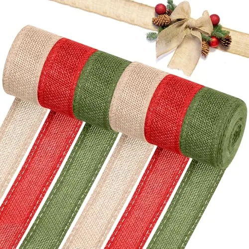 6 Rolls 33 Yards Christmas Burlap Ribbon,1.5''