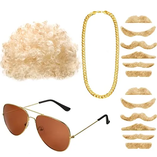 Hippie Disco Costume Set 70s Afro Wig Chain Glass Moustache