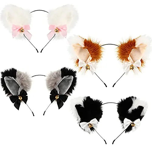 4 Pcs Halloween Cat Ears Headband with Bells Faux Fur