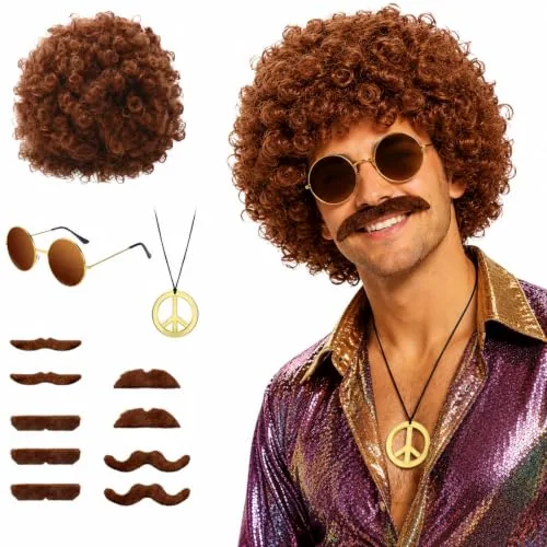 15 Pcs 70s Disco Hippie Afro Wig Costume Men Accessories