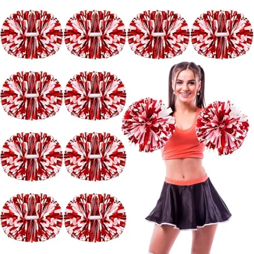 12pcs Cheerleading Pom Poms with Baton Handle,Metallic Red White