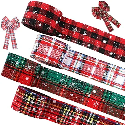 4 Rolls Christmas Plaid Ribbon 24 Yards Snowflake Ribbon, 1.6 Inch