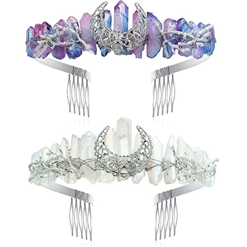 2 Pcs Moon Goddess Headpiece Wedding Crystal Raw Crown for Women