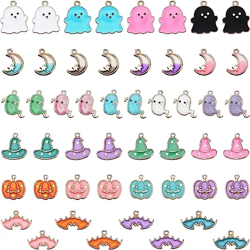 50 Pieces Halloween Charms for Jewelry Making Charms Pumpkin Ghost Bat