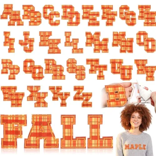 52 Pcs Autumn Plaid Alphabet Patches, Self Adhesive Chenille Letter