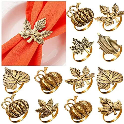 12 Pcs Thanksgiving Napkin Rings Set Fall Pumpkin Leaf Holders