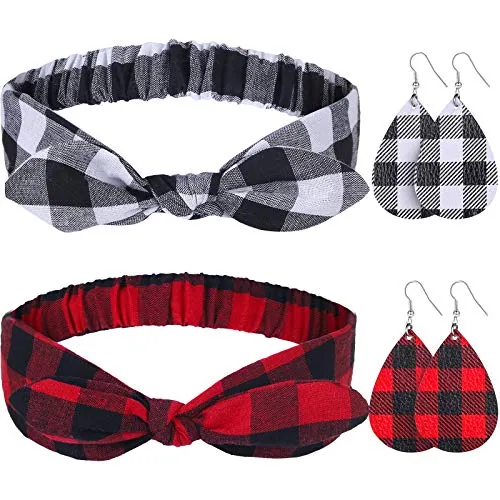 4 Pcs Buffalo Plaid Headbands 2 Pairs Faux Leather Earrings Women