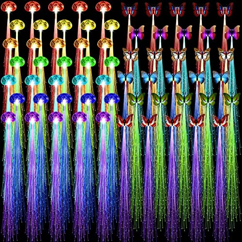 60 Pack Glow Hair Clips LED 30 Lights Hair 30 Butterfly Fiber Optic Bulk