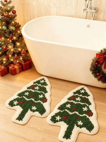 2 Pcs Christmas Tree Bath Mat Non Slip Absorbent Christmas Rug
