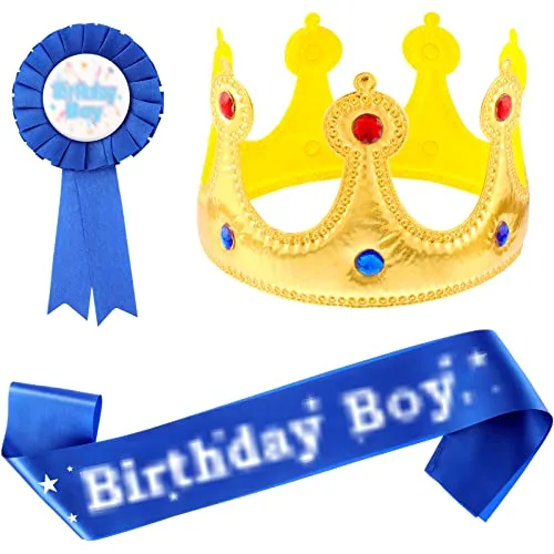 Birthday Boy Crown Sash and Pin Set, Party Favors for Boys