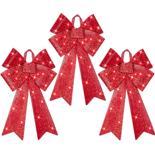3 Pcs Lighted Large Red Bow 32x18 Inches, Pre Lit Christmas LED