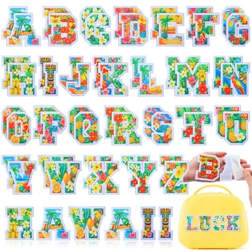52 Pcs Hawaii Luau Alphabet Patches 2.8 Inch Self Adhesive Letter Patches