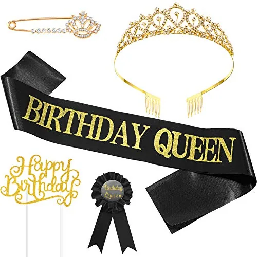 5 Pcs Women's Birthday Party Accessories, Queen Sash, Tiara and Badge Set