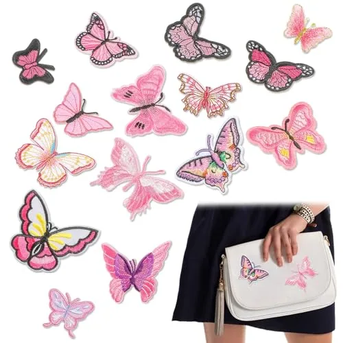 15 Pcs Butterfly Iron on Patches Pink Embroidered Butterfly Applique