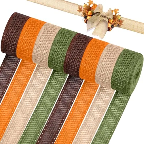 8 Rolls 44 Yards Thanksgiving Fall Burlap Ribbon 1 Inch Burlap Wired Edge