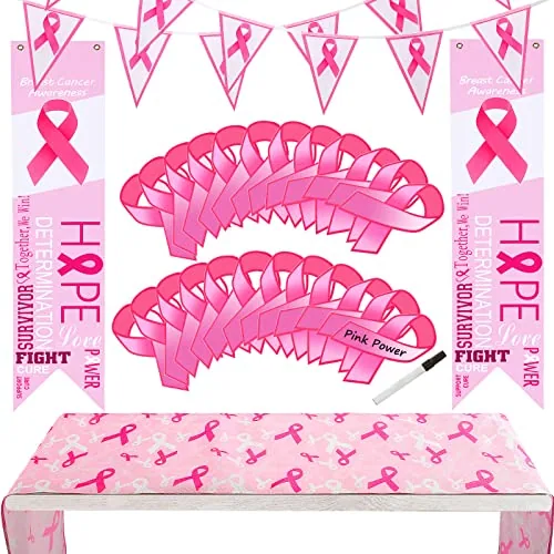 54 Pcs Breast Cancer Party Decorations Pink Ribbon Banner Set