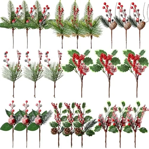 24 Pcs Christmas Picks and Spray Christmas Tree Red Berry Pine Picks