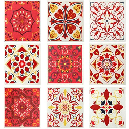 9 Pcs Red Print Swedish Kitchen Dishcloths Absorbent Towels